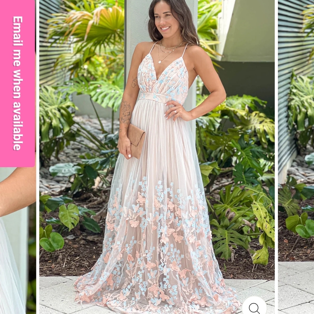 Ivory And Nude Mesh Butterfly Maxi Dress